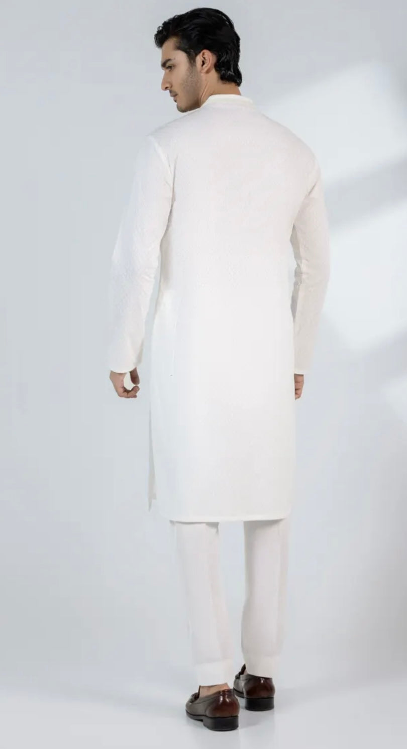 JUNAID JAMSHED OFF WHITE COTTON SCHIFFLI FORMAL KURTA