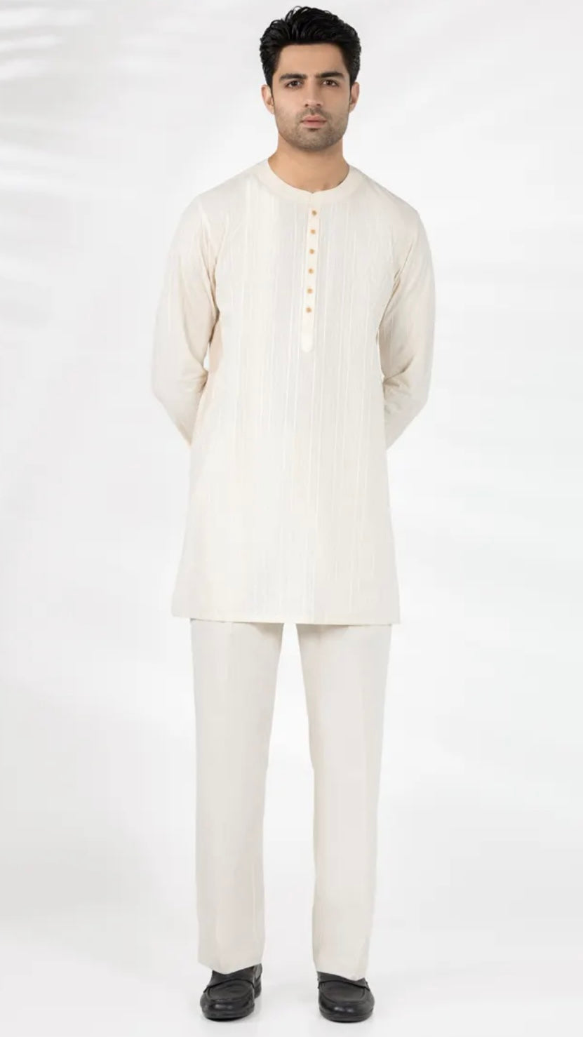 CREAM BUNNAT COTTON CASUAL SHORT KURTA