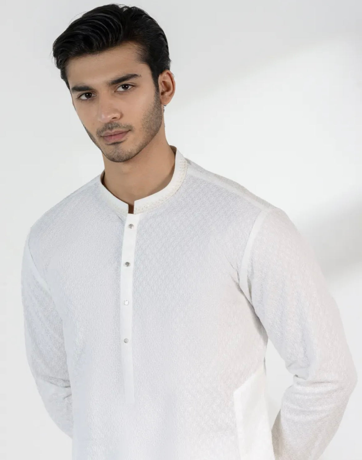 JUNAID JAMSHED OFF WHITE COTTON SCHIFFLI FORMAL KURTA