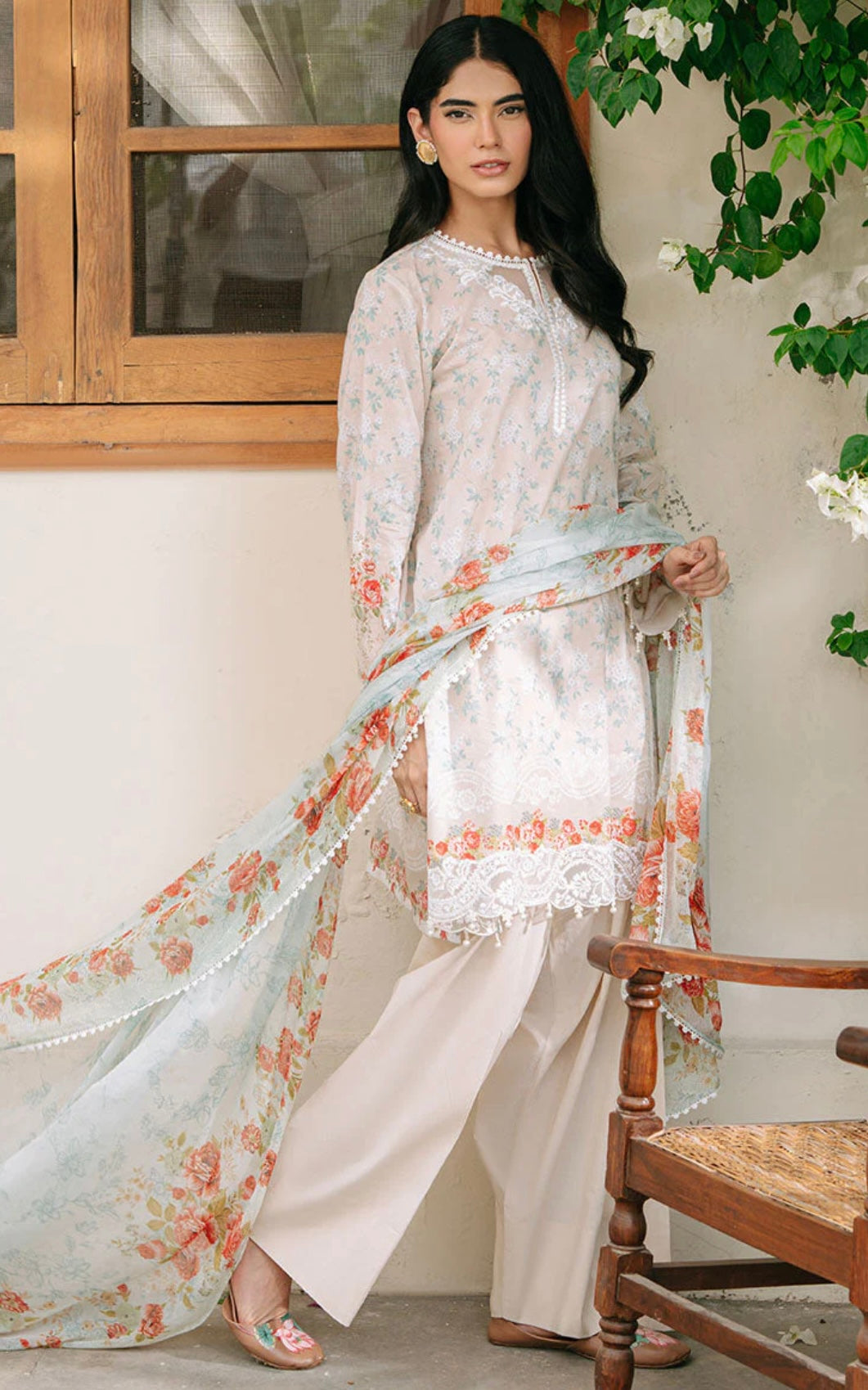 CREAMY SPLASH-3PC PRINTED CAMBRIC SUIT
