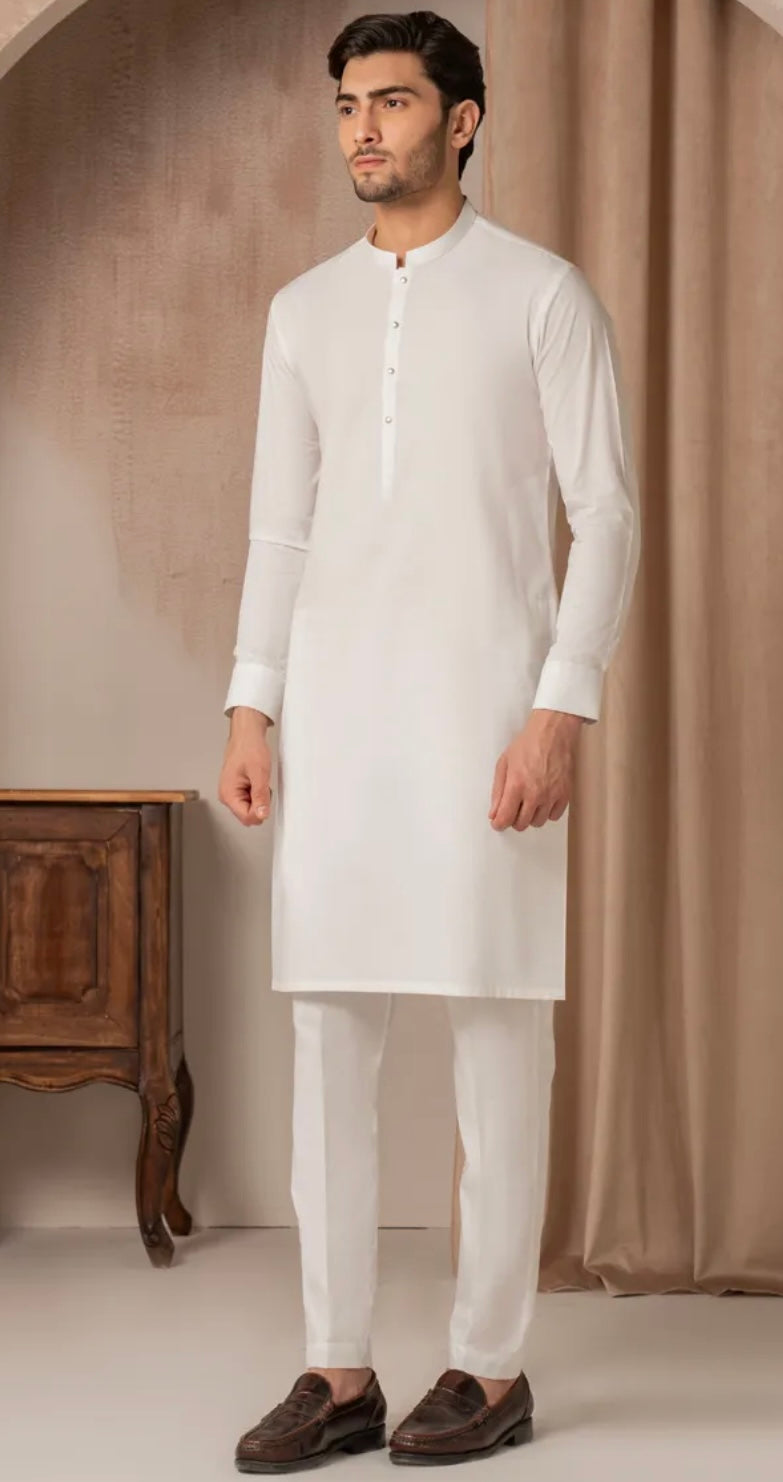 WHITE BLENDED PLAIN KURTA TROUSER