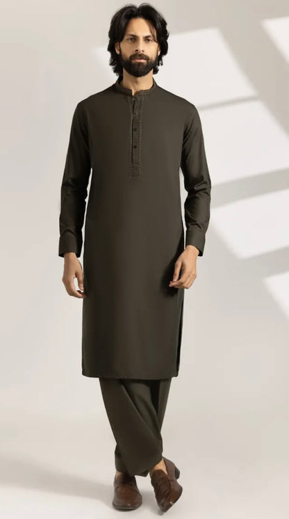 ARMY GREEN BLENDED SEMI-FORMAL KAMEEZ SHALWAR