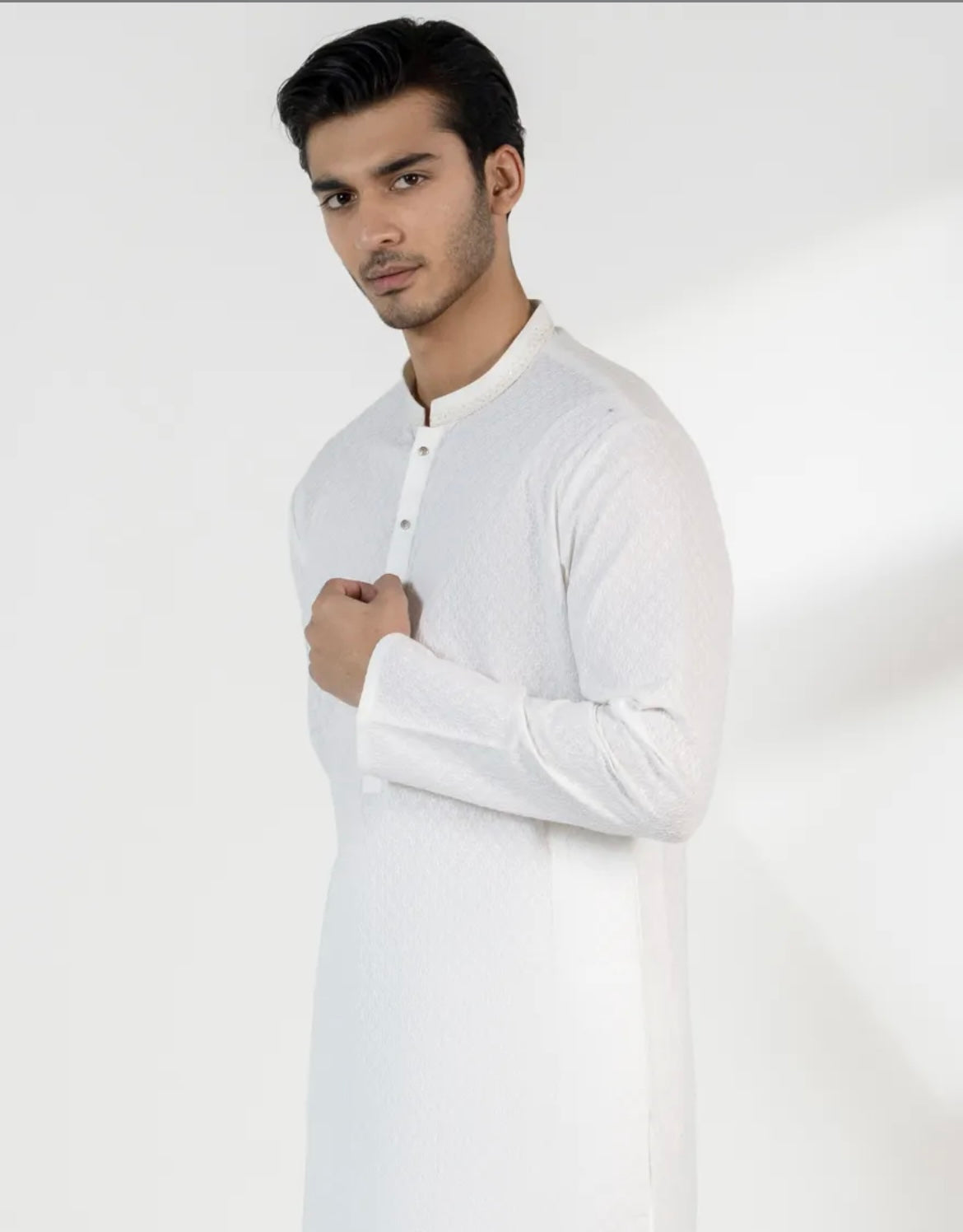 JUNAID JAMSHED OFF WHITE COTTON SCHIFFLI FORMAL KURTA