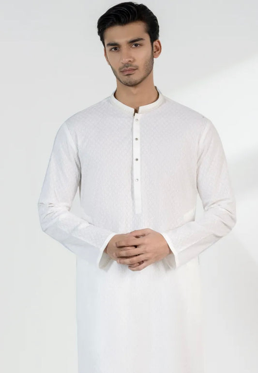 JUNAID JAMSHED OFF WHITE COTTON SCHIFFLI FORMAL KURTA