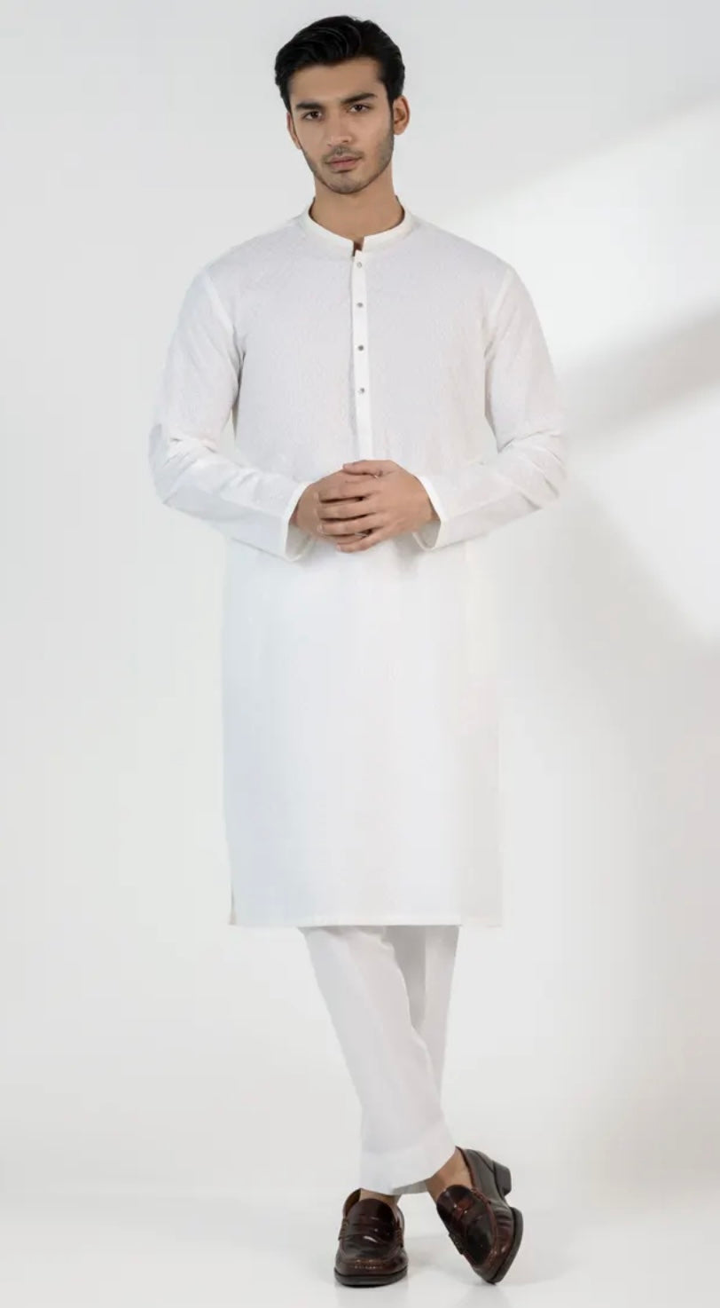 JUNAID JAMSHED OFF WHITE COTTON SCHIFFLI FORMAL KURTA