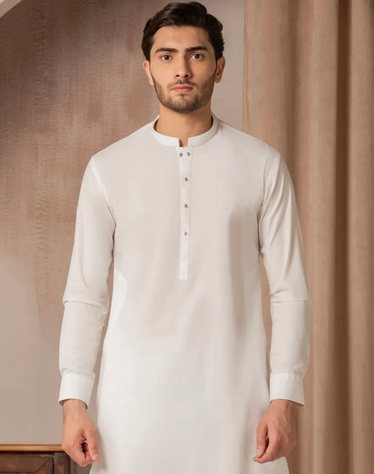 WHITE BLENDED PLAIN KURTA TROUSER