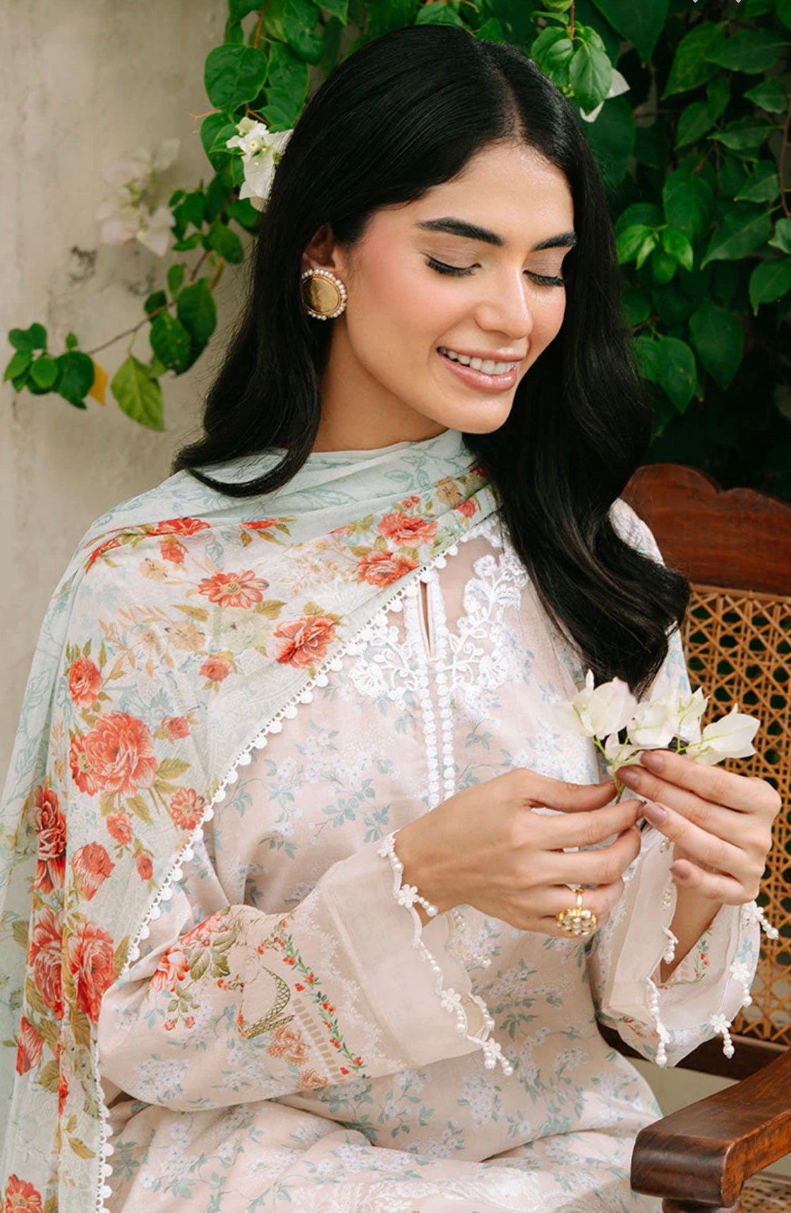 CREAMY SPLASH-3PC PRINTED CAMBRIC SUIT