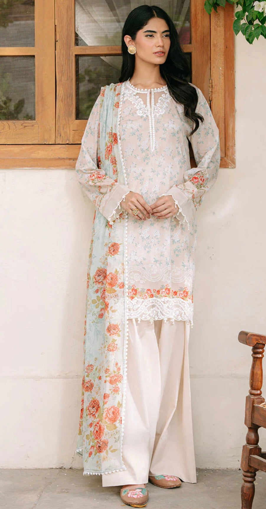 CREAMY SPLASH-3PC PRINTED CAMBRIC SUIT